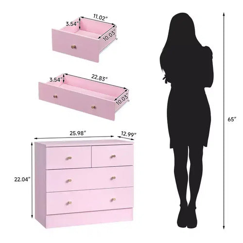 Commode rose à 4 tiroirs, 66 cm (25,98 po) de large, en panneaux de particules