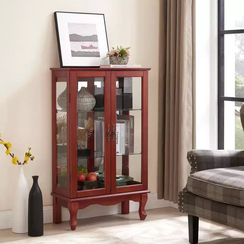 Vitrine 2 portes avec portes en verre trempé, panneau arrière miroir et étagères réglables
