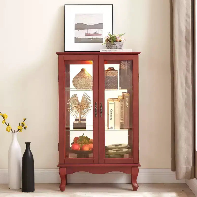 Vitrine 2 portes avec portes en verre trempé, panneau arrière miroir et étagères réglables