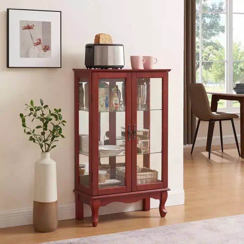 Vitrine 2 portes avec portes en verre trempé, panneau arrière miroir et étagères réglables