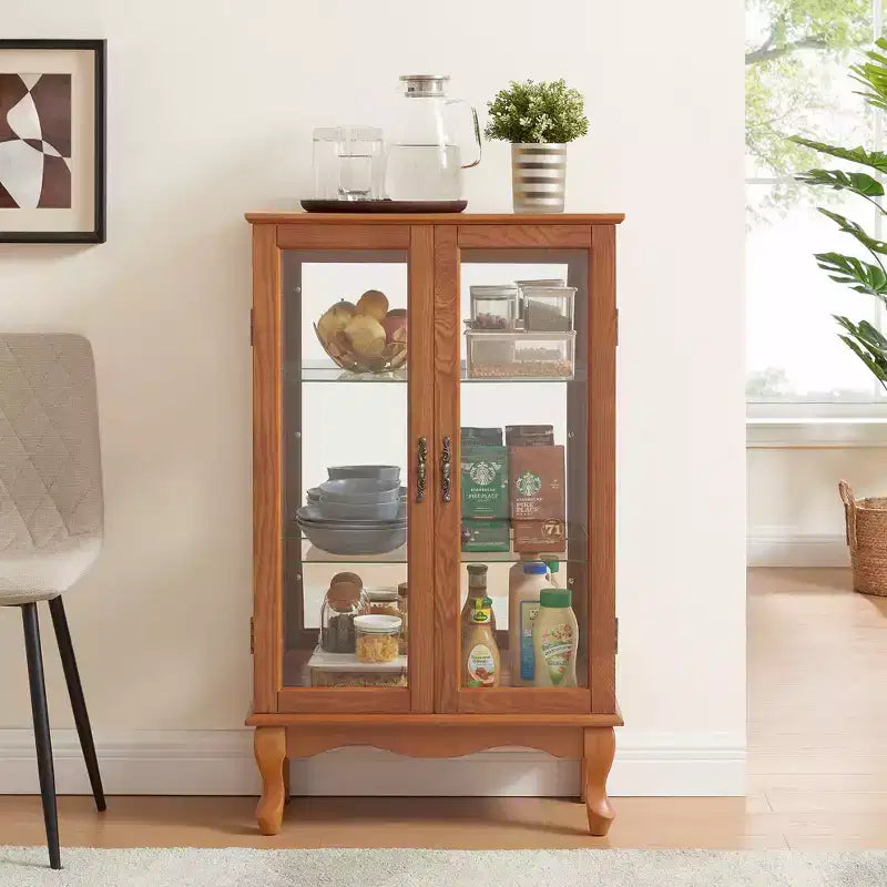 Vitrine 2 portes avec portes en verre trempé, panneau arrière miroir et étagères réglables