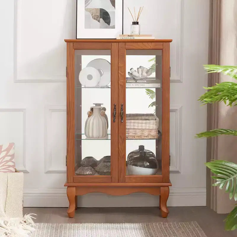 Vitrine 2 portes avec portes en verre trempé, panneau arrière miroir et étagères réglables