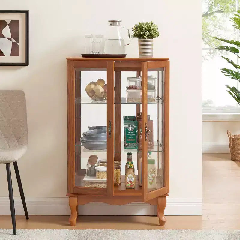 Vitrine 2 portes avec portes en verre trempé, panneau arrière miroir et étagères réglables