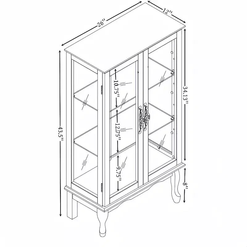 Vitrine 2 portes avec portes en verre trempé, panneau arrière miroir et étagères réglables