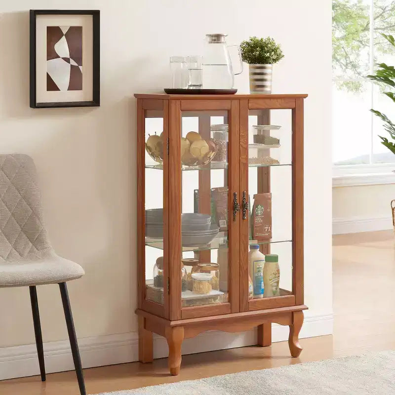 Vitrine 2 portes avec portes en verre trempé, panneau arrière miroir et étagères réglables