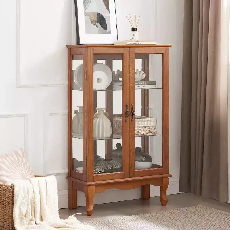 Vitrine 2 portes avec portes en verre trempé, panneau arrière miroir et étagères réglables