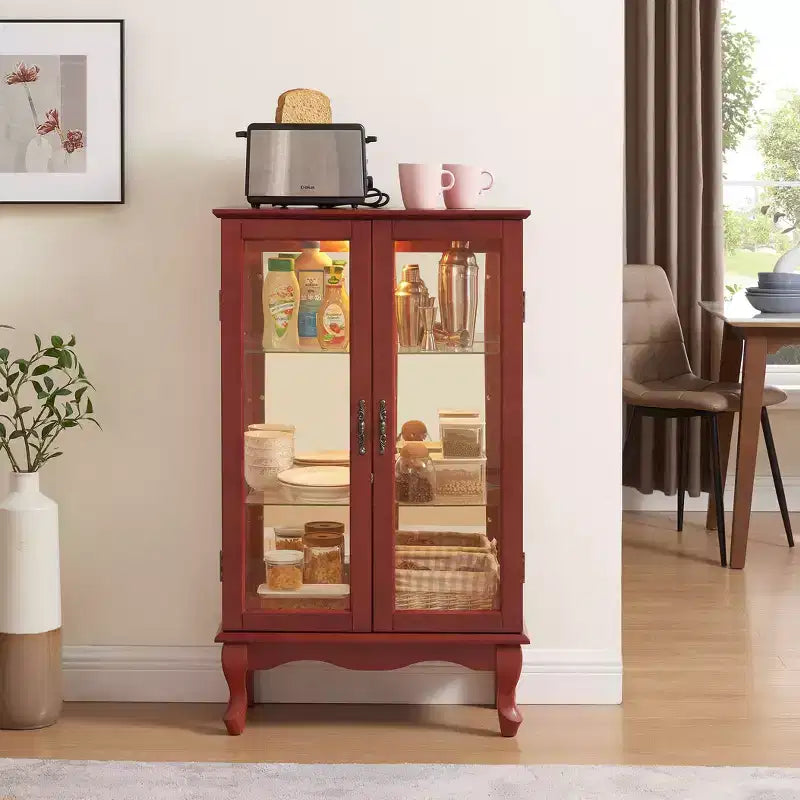 Vitrine 2 portes avec portes en verre trempé, panneau arrière miroir et étagères réglables