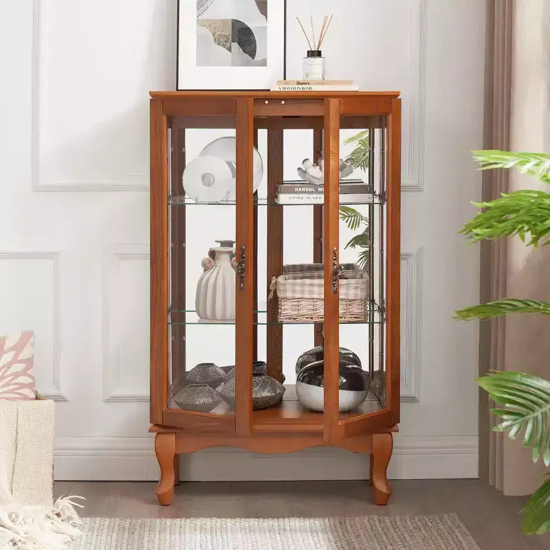Vitrine 2 portes avec portes en verre trempé, panneau arrière miroir et étagères réglables
