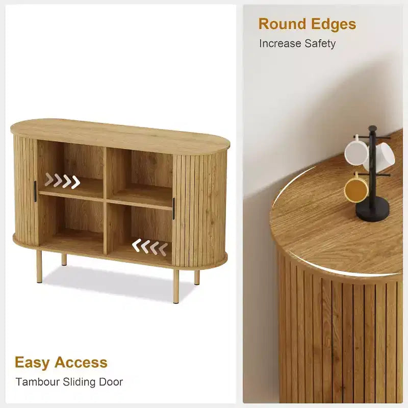 Bahut cannelé avec portes coulissantes, console de rangement moderne avec étagères réglables pour salon, cuisine, salle à manger, entrée