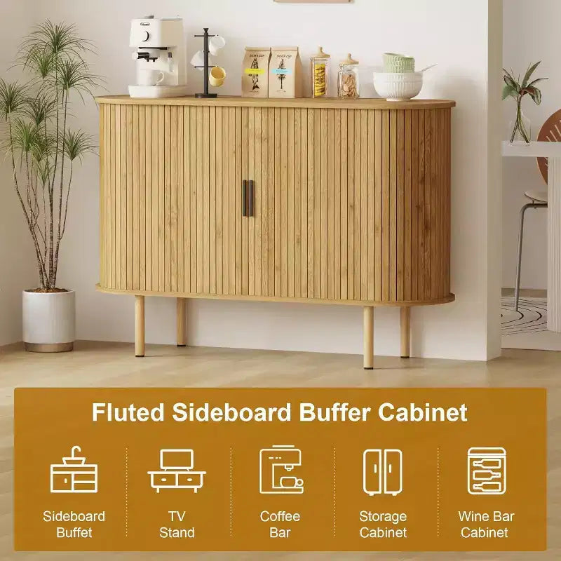Bahut cannelé avec portes coulissantes, console de rangement moderne avec étagères réglables pour salon, cuisine, salle à manger, entrée