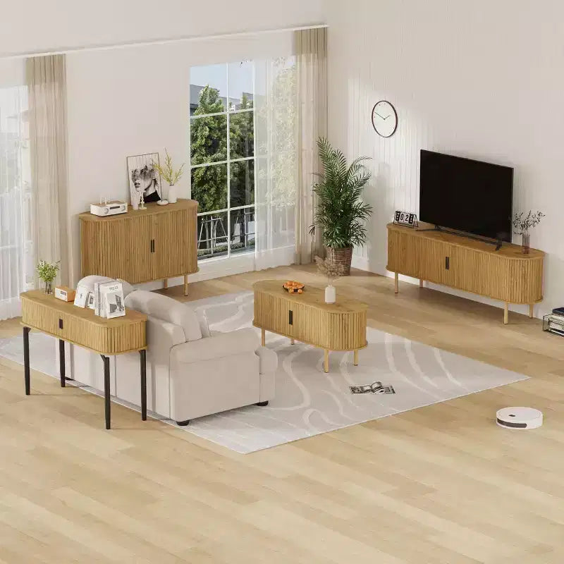 Bahut cannelé avec portes coulissantes, console de rangement moderne avec étagères réglables pour salon, cuisine, salle à manger, entrée