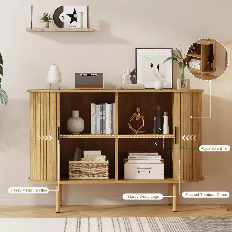 Bahut cannelé avec portes coulissantes, console de rangement moderne avec étagères réglables pour salon, cuisine, salle à manger, entrée