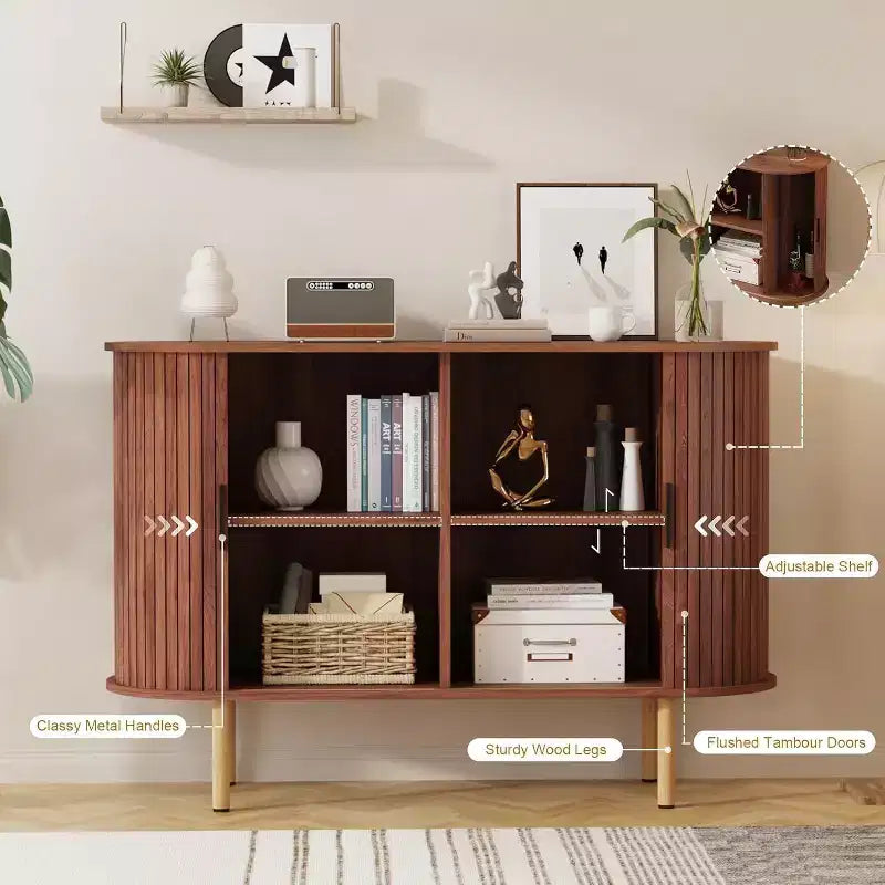 Bahut cannelé avec portes coulissantes, console de rangement moderne avec étagères réglables pour salon, cuisine, salle à manger, entrée