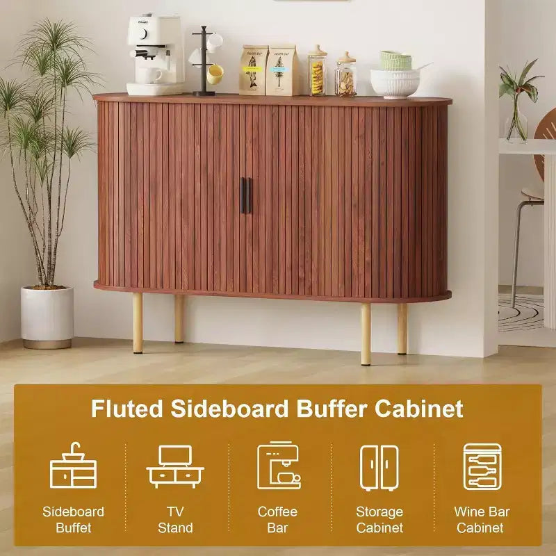 Bahut cannelé avec portes coulissantes, console de rangement moderne avec étagères réglables pour salon, cuisine, salle à manger, entrée
