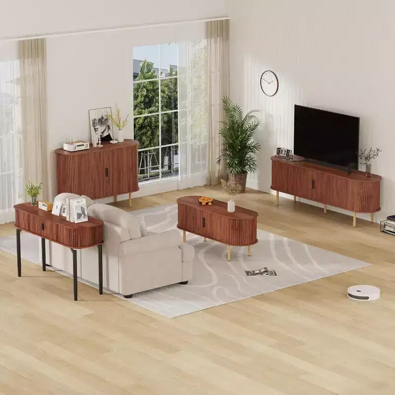 Bahut cannelé avec portes coulissantes, console de rangement moderne avec étagères réglables pour salon, cuisine, salle à manger, entrée