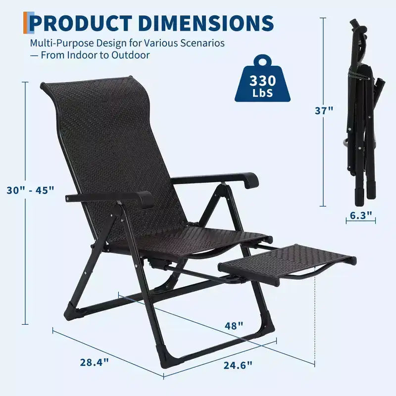 Chaise longue pliante d'extérieur en rotin avec repose-pieds réversible, rotin PE, capacité de 150 kg