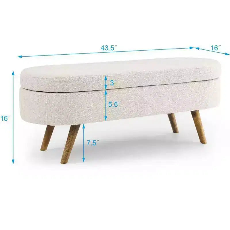 Banc de rangement ottoman ovale avec pieds en bois d'hévéa (43,5x16x16)