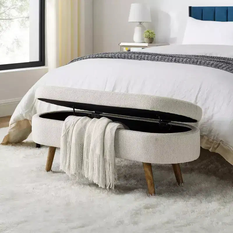 Banc de rangement ottoman ovale avec pieds en bois d'hévéa (43,5x16x16)