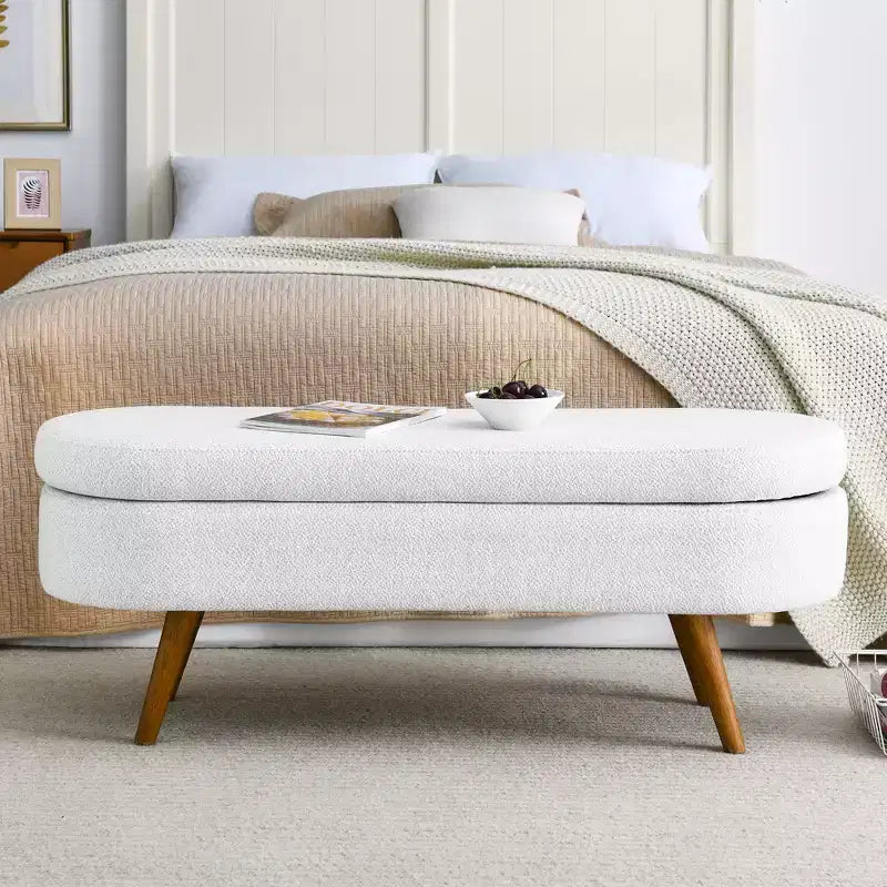 Banc de rangement ottoman ovale avec pieds en bois d'hévéa (43,5x16x16)