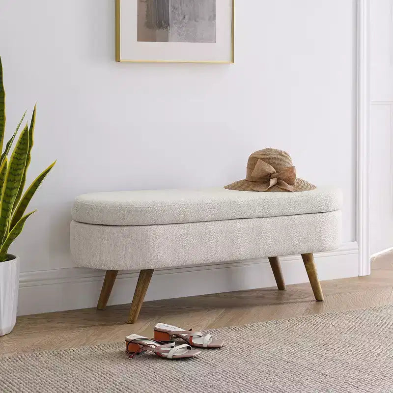 Banc de rangement ottoman ovale avec pieds en bois d'hévéa (43,5x16x16)