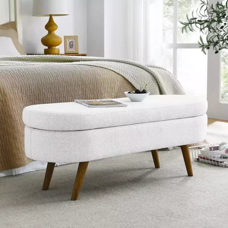 Banc de rangement ottoman ovale avec pieds en bois d'hévéa (43,5x16x16)