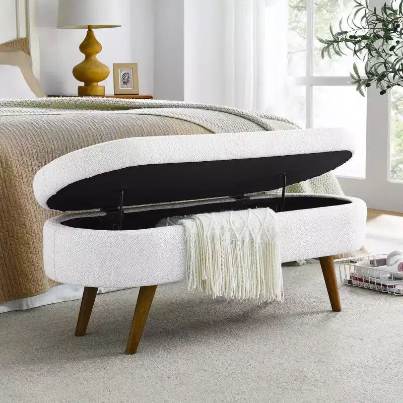 Banc de rangement ottoman ovale avec pieds en bois d'hévéa (43,5x16x16)