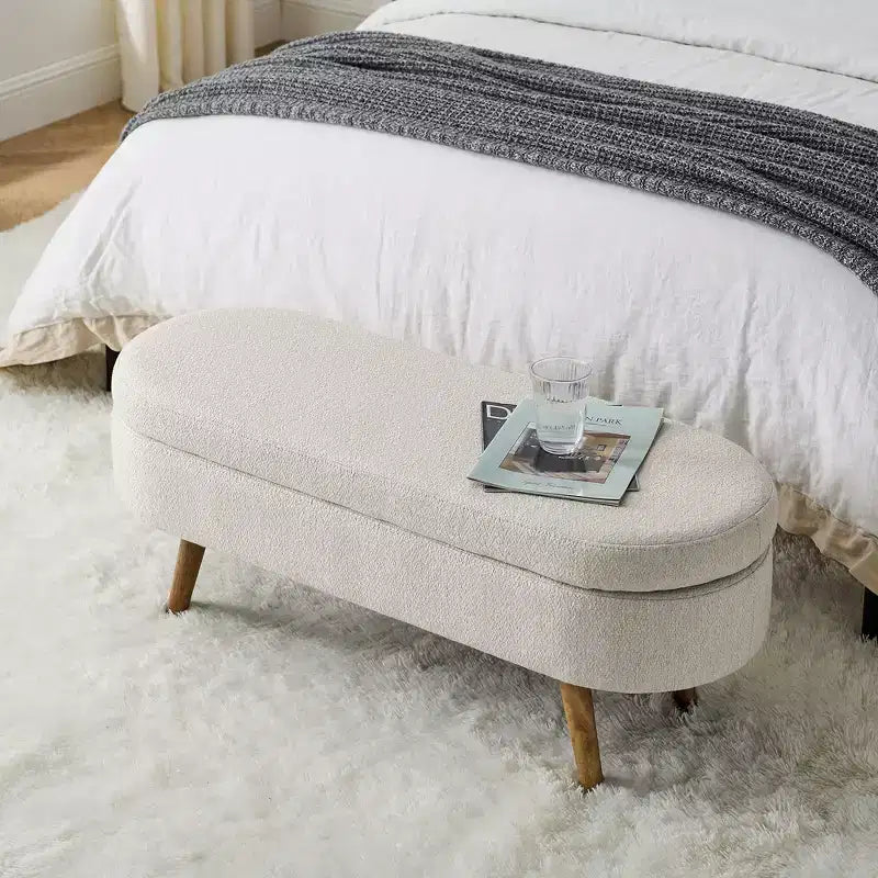 Banc de rangement ottoman ovale avec pieds en bois d'hévéa (43,5x16x16)
