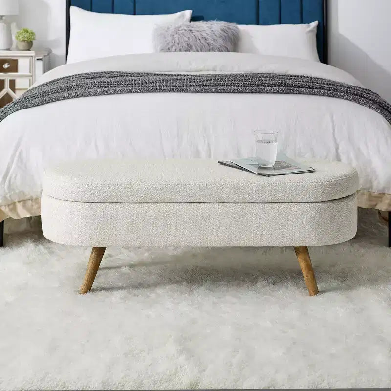 Banc de rangement ottoman ovale avec pieds en bois d'hévéa (43,5x16x16)