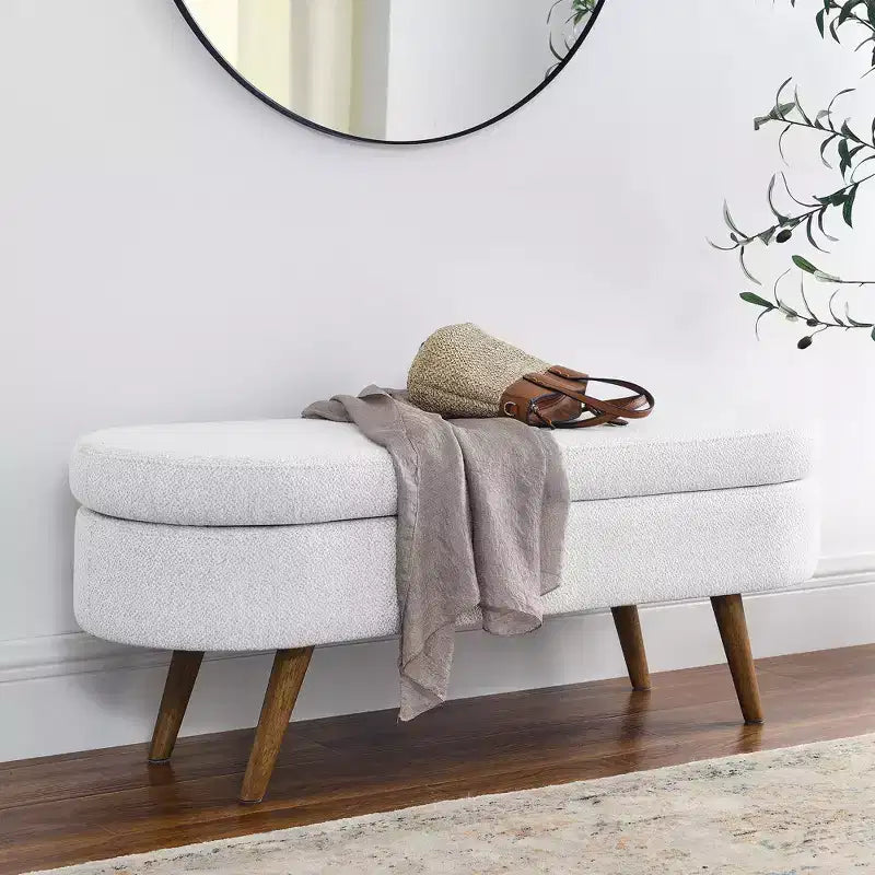Banc de rangement ottoman ovale avec pieds en bois d'hévéa (43,5x16x16)