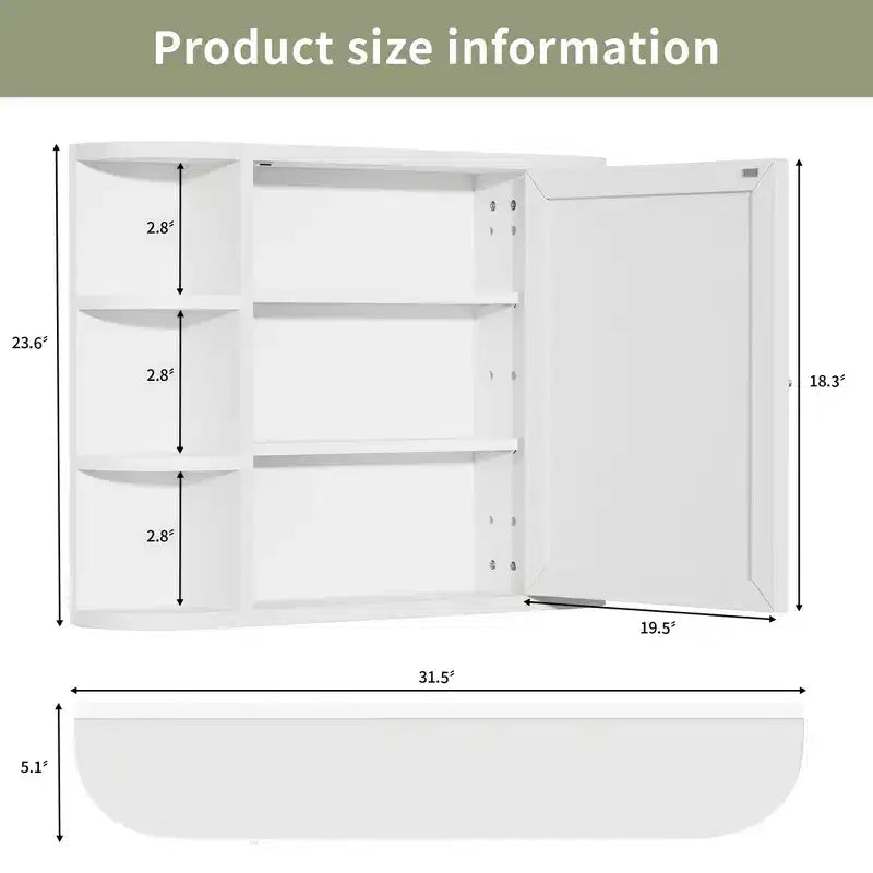 Armoire de toilette murale en bois blanc avec miroir 31,5 x 23,6 po, avec portes et 6 étagères ouvertes