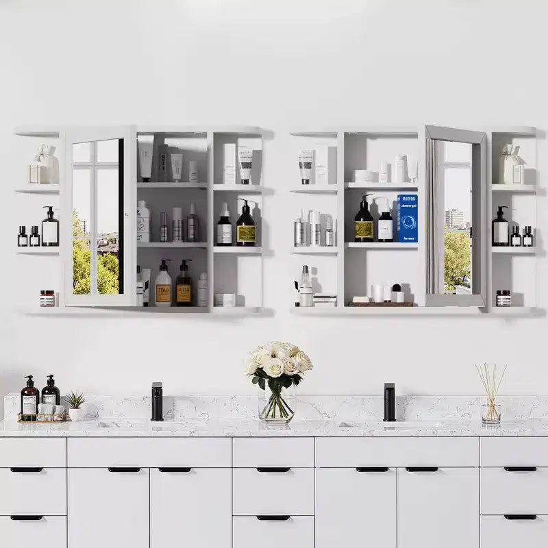 Armoire de toilette murale en bois blanc avec miroir 31,5 x 23,6 po, avec portes et 6 étagères ouvertes