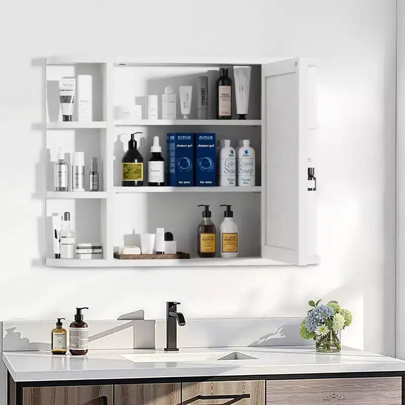 Armoire de toilette murale en bois blanc avec miroir 31,5 x 23,6 po, avec portes et 6 étagères ouvertes