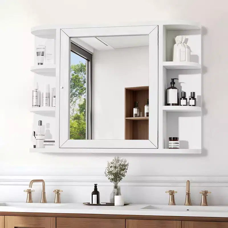 Armoire de toilette murale en bois blanc avec miroir 31,5 x 23,6 po, avec portes et 6 étagères ouvertes