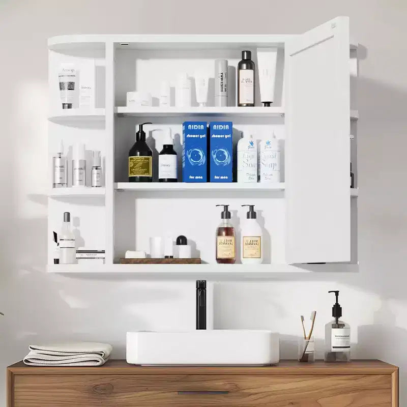 Armoire de toilette murale en bois blanc avec miroir 31,5 x 23,6 po, avec portes et 6 étagères ouvertes