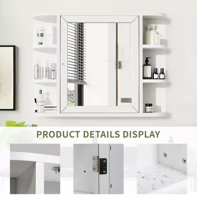 Armoire de toilette murale en bois blanc avec miroir 31,5 x 23,6 po, avec portes et 6 étagères ouvertes