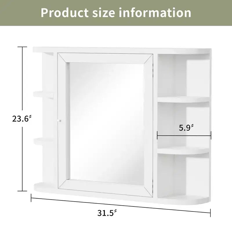 Armoire de toilette murale en bois blanc avec miroir 31,5 x 23,6 po, avec portes et 6 étagères ouvertes