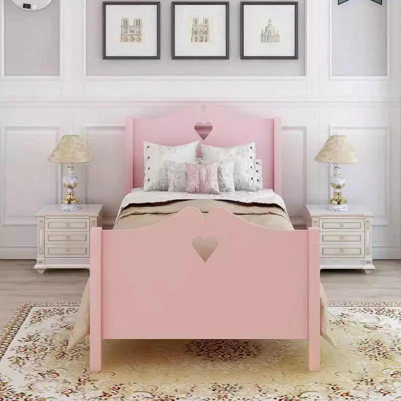Cadre de lit jumeau pour filles, lit plateforme en bois taille jumeau avec tête de lit et pied de lit