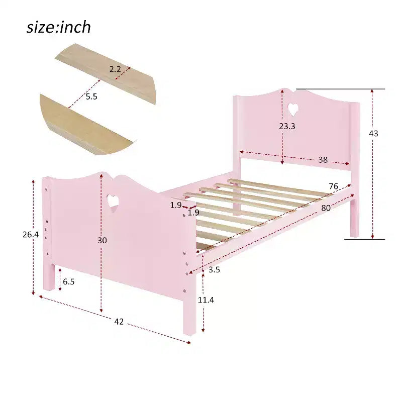 Cadre de lit jumeau pour filles, lit plateforme en bois taille jumeau avec tête de lit et pied de lit