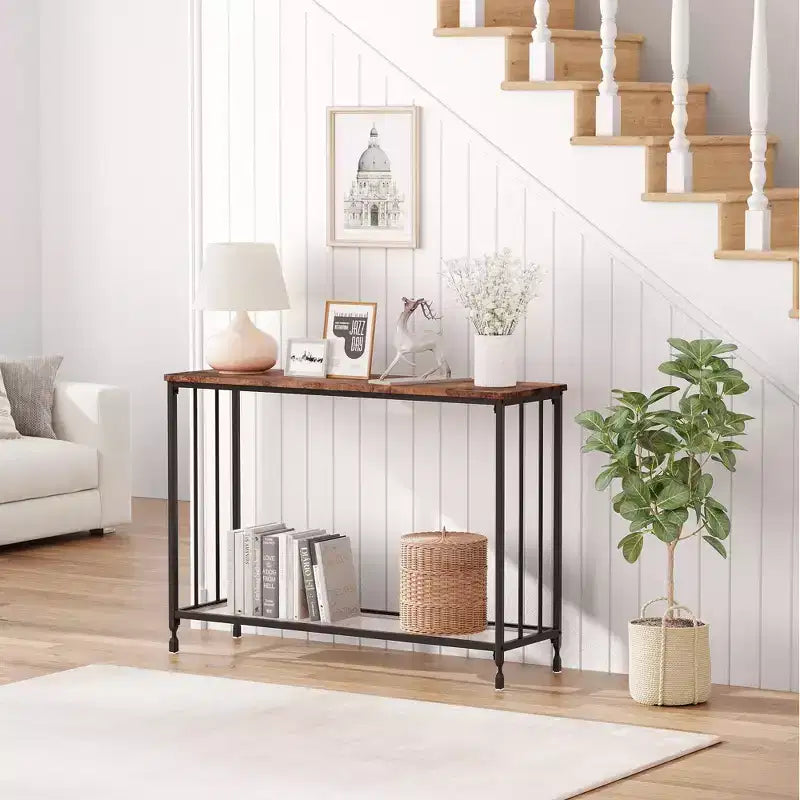 Console étroite à 2 niveaux de style ferme avec cadre en métal, table de canapé étroite avec rangement pour entrée, salon, couloir