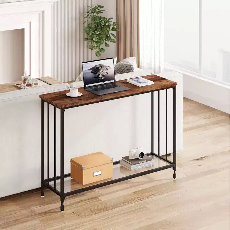 Console étroite à 2 niveaux de style ferme avec cadre en métal, table de canapé étroite avec rangement pour entrée, salon, couloir