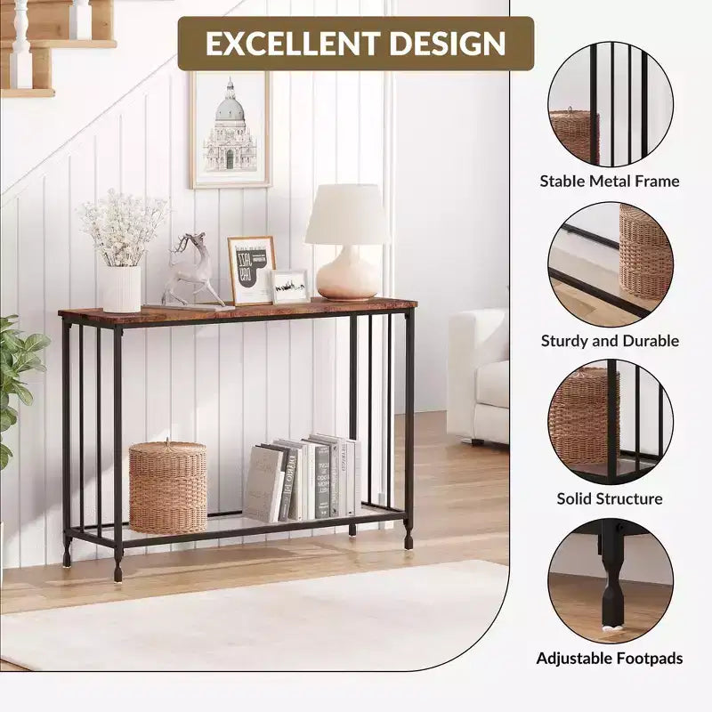Console étroite à 2 niveaux de style ferme avec cadre en métal, table de canapé étroite avec rangement pour entrée, salon, couloir
