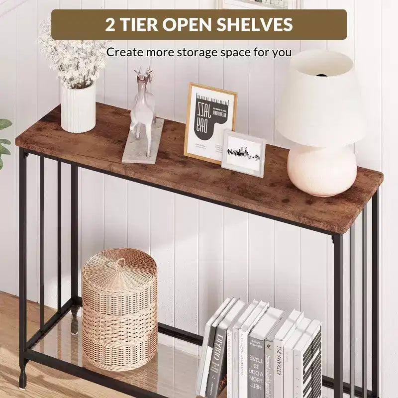 Console étroite à 2 niveaux de style ferme avec cadre en métal, table de canapé étroite avec rangement pour entrée, salon, couloir