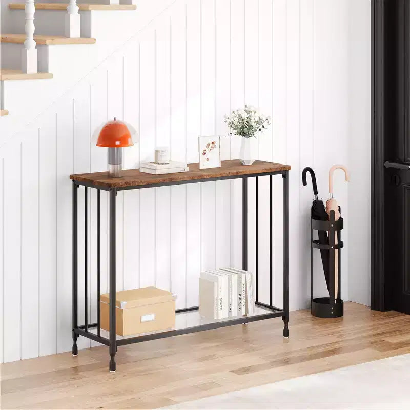 Console étroite à 2 niveaux de style ferme avec cadre en métal, table de canapé étroite avec rangement pour entrée, salon, couloir