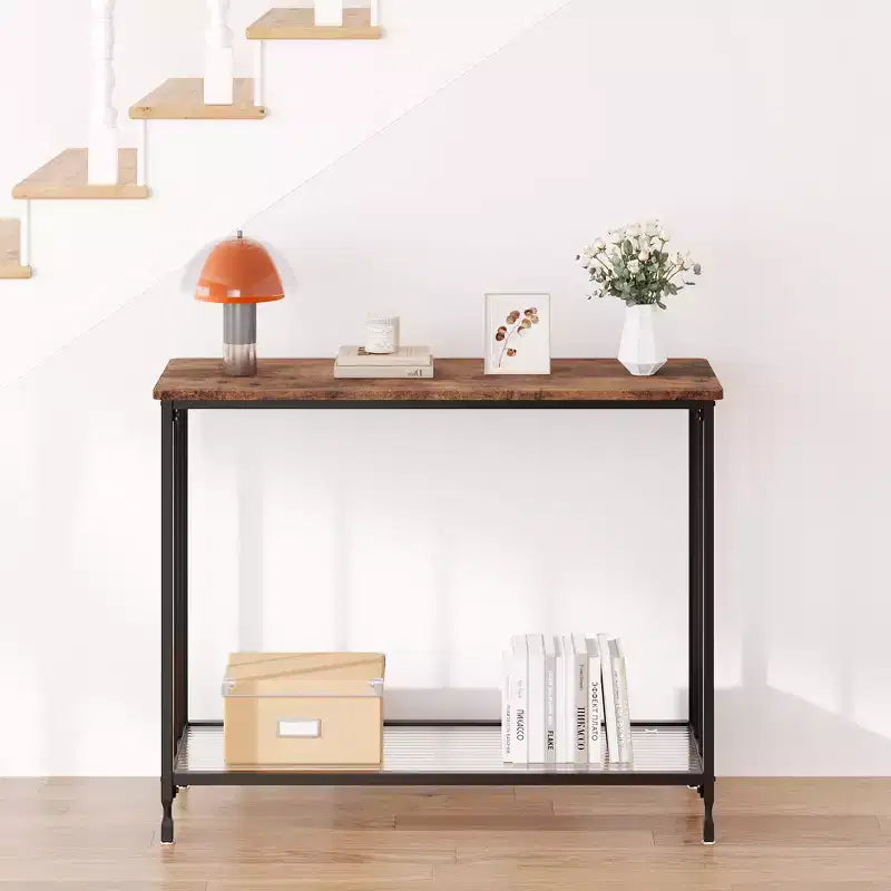 Console étroite à 2 niveaux de style ferme avec cadre en métal, table de canapé étroite avec rangement pour entrée, salon, couloir