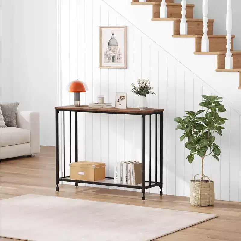 Console étroite à 2 niveaux de style ferme avec cadre en métal, table de canapé étroite avec rangement pour entrée, salon, couloir
