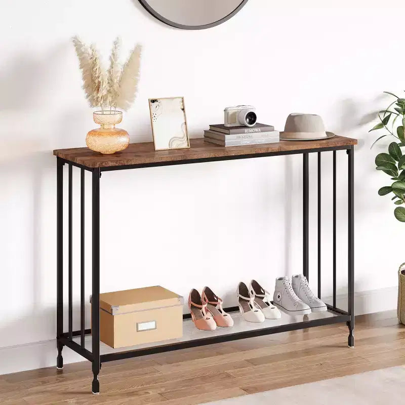Console étroite à 2 niveaux de style ferme avec cadre en métal, table de canapé étroite avec rangement pour entrée, salon, couloir
