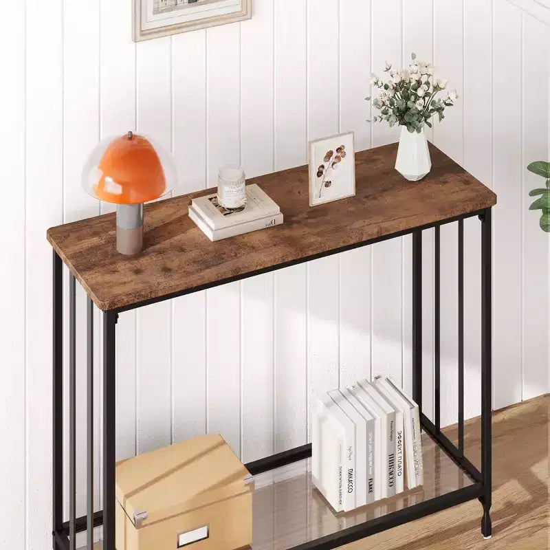 Console étroite à 2 niveaux de style ferme avec cadre en métal, table de canapé étroite avec rangement pour entrée, salon, couloir