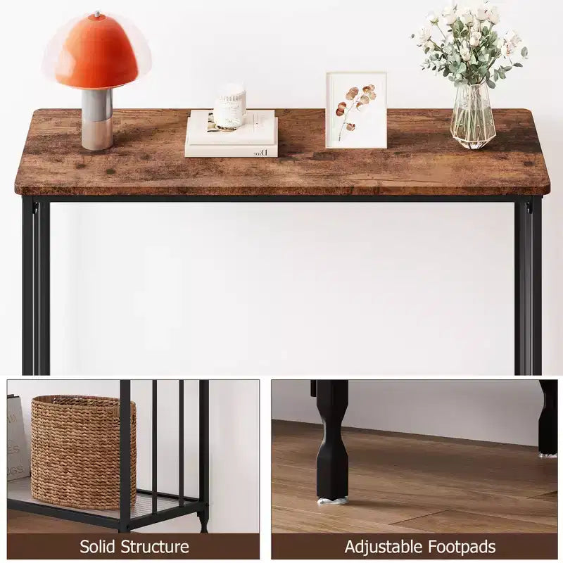 Console étroite à 2 niveaux de style ferme avec cadre en métal, table de canapé étroite avec rangement pour entrée, salon, couloir