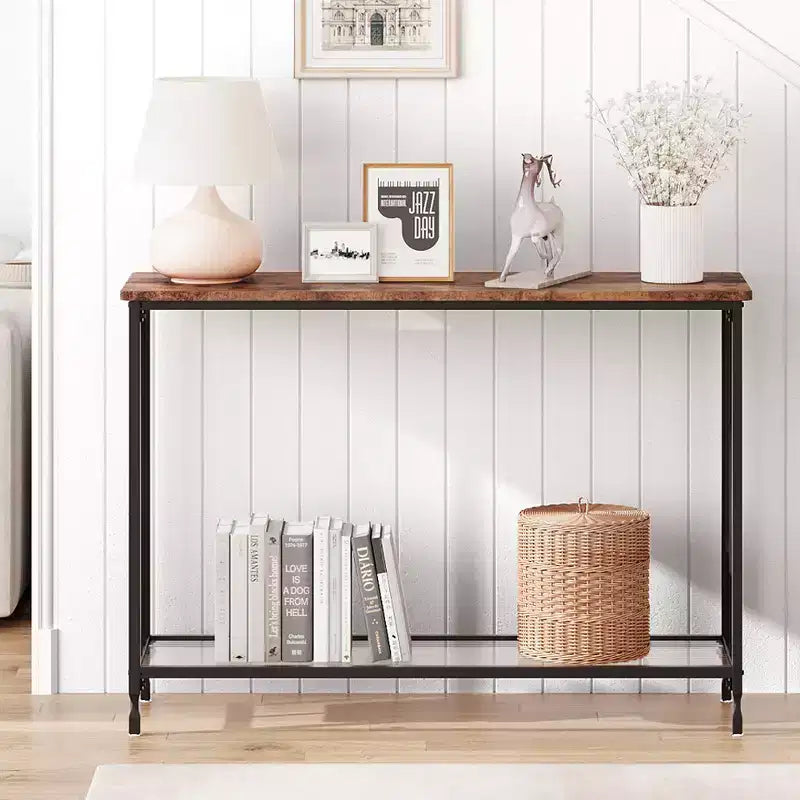 Console étroite à 2 niveaux de style ferme avec cadre en métal, table de canapé étroite avec rangement pour entrée, salon, couloir