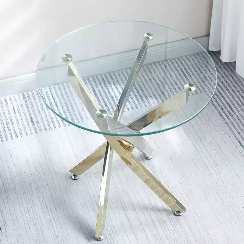 Table d'appoint ronde moderne avec plateau en verre trempé et pieds en acier inoxydable doré